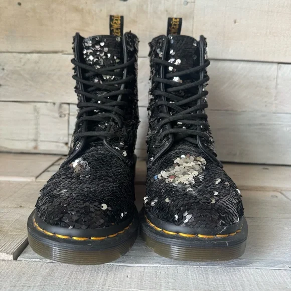 Dr. Martens Black Sequin Combat Boots - Picture 7 of 12